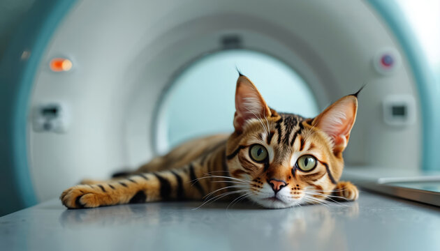 Cat lies on table before MRI scan in vet clinic. Cute bengal cat in medical research center. Pet health check, diagnosis. Animal undergo medical imaging.