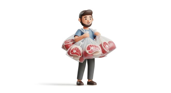 3D animated man character carrying multiple plastic bags filled with raw meat cuts, isolated on white background