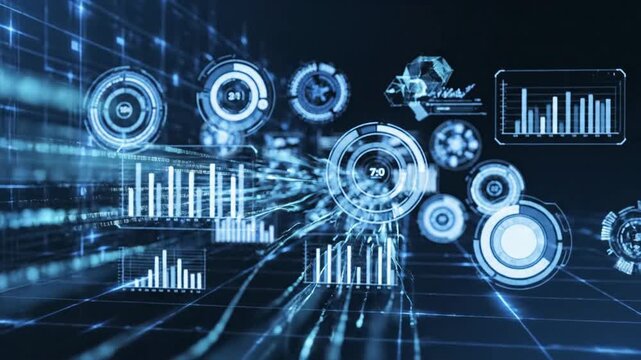 Glowing blue, white digital background with holographic interfaces. Dynamic bar graphs, circular data, and binary code. Symbolizes rapid data flow, network communication, AI, big data, and technologic - Powered by Adobe