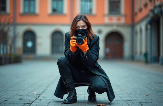 Woman photographer wears face mask and orange gloves, holds camera. She crouches on cobblestone street in city. Buildings with windows are in background.