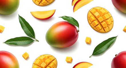 Vibrant mango pattern with sliced and whole fruits