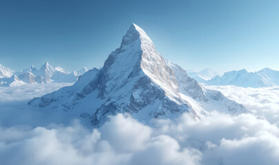 Obraz premium Majestic snow-capped mountain peak rises above clouds under clear blue winter sky. Other snowy mountains stretch into distance. Vast, cold, pristine wilderness landscape.