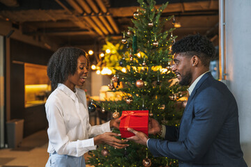 Young couple exchanging christmas gift under decorated tree