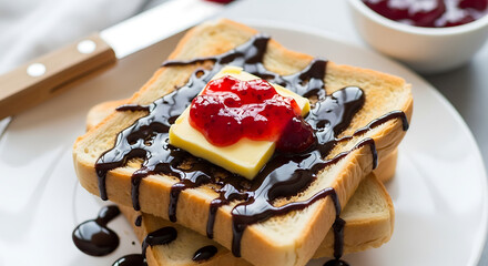 Delicious toast stack with butter jam and chocolate drizzle