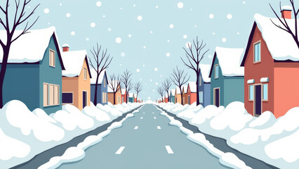 Fototapeta premium Charming quiet street with large snow piles along sidewalks in pastel neighborhood, gentle snowfall, soft winter city atmosphere, cozy calm outdoor winter scene