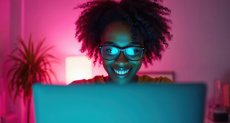 Black woman smiles wearing glasses, working on laptop. Colorful neon pink and blue light illuminates her face. Indoor scene, focused on user interaction with technology and digital world.
