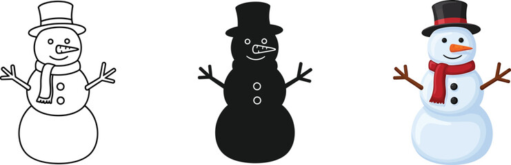 Three distinct snowman illustrations: a clean outline, bold silhouette, and colorful version for winter holidays, christmas, and seasonal projects.