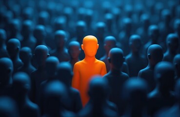 Obraz premium Orange 3D human figure stands out in crowd of blue figures. Single illuminated person in sea of people. Concept of individuality, uniqueness, talent acquisition, and recruitment.