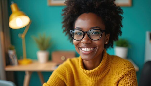 Black woman with glasses smiles warmly in her home office. She wears a yellow sweater and sits near a desk with a yellow lamp. Teal wall accentuates vibrant scene.