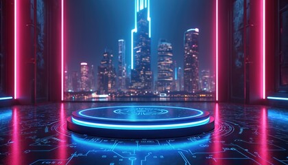 Futuristic empty stage with neon lights and digital cityscape background. Round platform glows blue and pink. High tech design for presentations.