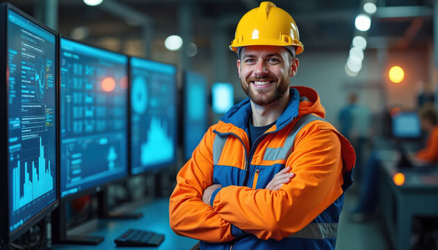 Smiling male engineer stands in control room. He wears hardhat protective jacket. Screens display data. Worker monitors systems analyzes info. Tech professional works in industry factory