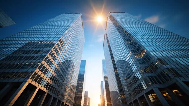 Glass skyscrapers reach skyward under a bright sun, perspective from below