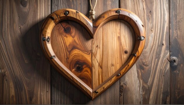 Wooden heart shaped decor on wood wall. - Powered by Adobe