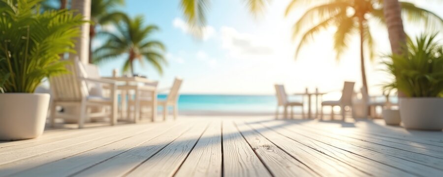 Tropical beach scenery with wooden terrace table chairs. Palm trees blur ocean view. Seaside resort cafe outdoors. Vacation leisure chill zone. Summer holiday paradise setting.