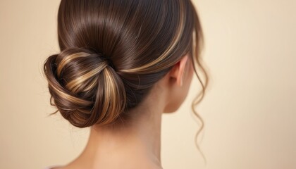 Obraz premium Woman with braided brown hair bun. Smooth texture, blonde highlights visible. Clean background. Elegant hairstyle detail for formal event or daily wear.