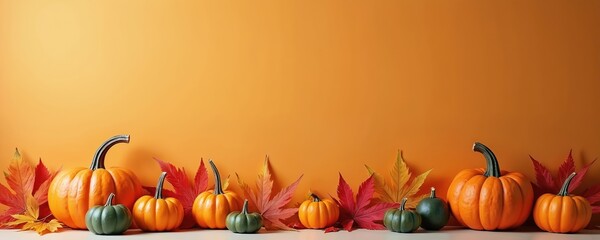 Fall scene with pumpkins, colorful leaves on orange background. Pumpkins of different sizes, green color on white surface. Colorful autumn leaves scattered around. Copy space for text image on orange