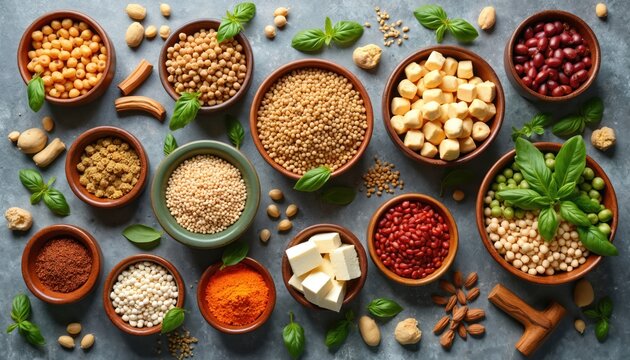 Assortment of vegan plant-based protein food including chickpeas, lentils, beans, tofu, tempeh. Various ingredients in wooden, ceramic bowls on grey table. Herbs, spices surround dishes with healthy