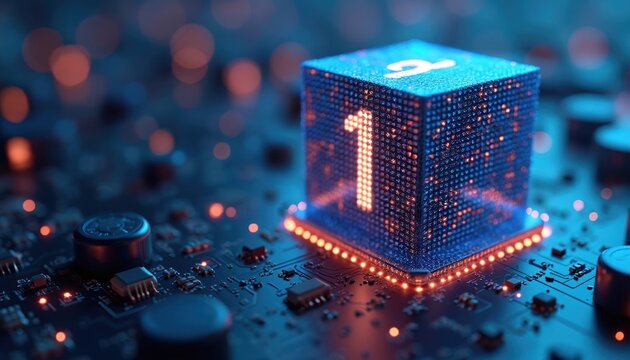Blue glowing data cube sits on electronic circuit board. Number one illuminates cube face, nine on top. Red orange lights trace data flow on microchip. Graphic modern tech, digital future, computing