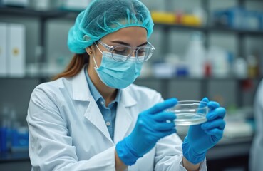 Female scientist in lab coat wears face mask, gloves, cap, glasses. She holds petri dish with liquid for testing samples. Research, experiment, healthcare, science work in laboratory.