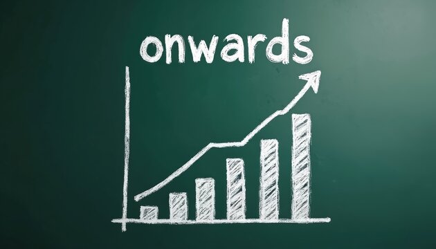 Chalkboard shows growth graph with rising bars, upward line. Word onwards written above. Business chart displays company progress, future potential. Success direction, constant improvement, moving