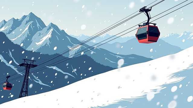 Dramatic cable car in blizzard swinging through heavy snowstorm over dark mountain landscape, bold winter adventure scene with strong dynamic movement