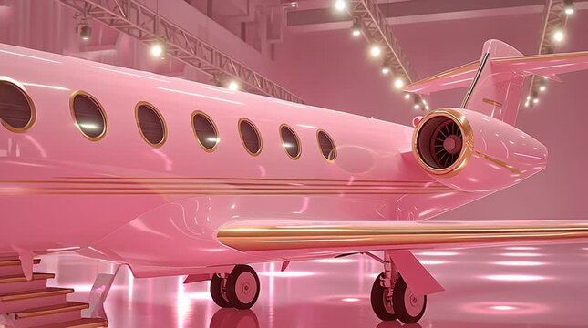 Unique pink private jet shines in modern studio with vibrant lighting and sleek design