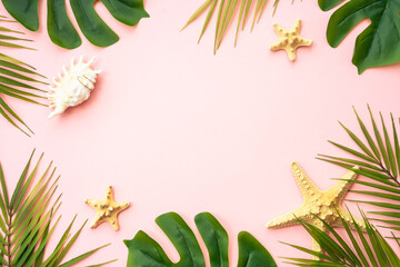 Summer flat lay background tropacal leaves on white.