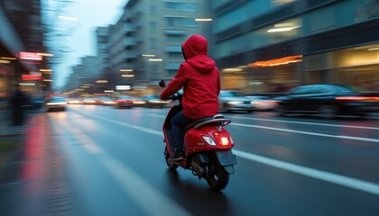 Person in red hooded jacket rides scooter on wet city street at night. Unrecognizable rider drives moped through evening traffic. Car lights create blurred background. Fast urban commute delivery