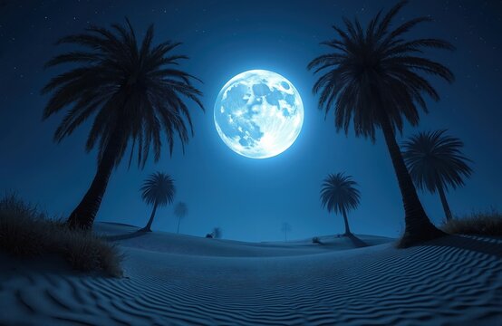 Desert oasis at night with full moon shining bright. Palm trees stand tall on sandy dunes under starry sky. Gentle breeze blows through serene landscape.