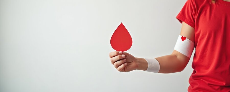 Young person in red shirt holds red paper blood drop symbol. Arm white patch with red heart after blood donation. Image promotes health charity, supporting patients, saving lives. Volunteer to give