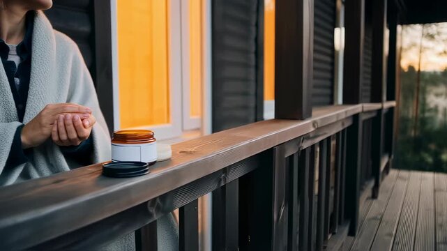 Woman in a robe applying hand cream on a cozy balcony, next to a natural cosmetic jar on a wooden railing with misty forest view footage.