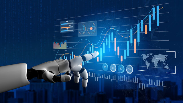 A robotic hand interacts with financial charts and data in a digital landscape, representing advancements in technology and analysis in the finance industry. Gantry