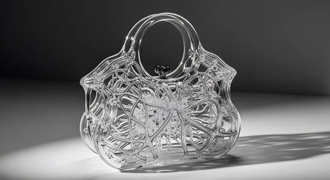 Close up of a clear ornate handbag with intricate design on a gray and white background