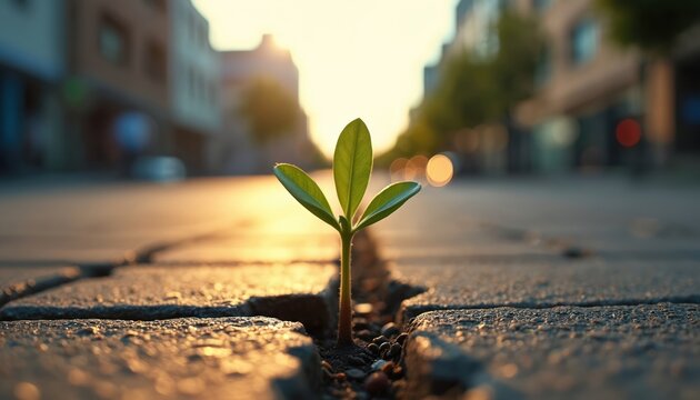 Tiny green sprout grows from crack in urban pavement. Sunlight illuminates plant overcoming concrete obstacles. Symbolizes hope, new beginnings and nature persistence in city.