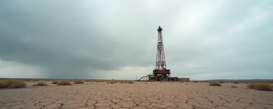 Abandoned oil derrick stands in cracked dry desert ground. Barren land sparse brown bushes under gloomy overcast sky. Industrial decay, eco impact, drought conditions define desolate landscape.