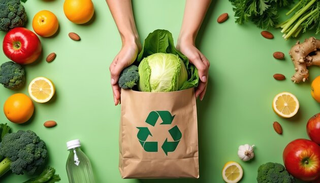 Eco friendly illustration shows hands holding paper bag with cabbage broccoli. Oranges lemons apples almonds ginger around. Healthy eating eco lifestyle concept.