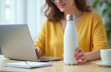 Smiling woman works on laptop at desk, holding white reusable water bottle. She stays hydrated while remote working. Healthy eco lifestyle at modern home office. Focus on a reusable drink container.