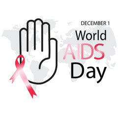 World aids day illustration with red ribbon and hand isolated on white background