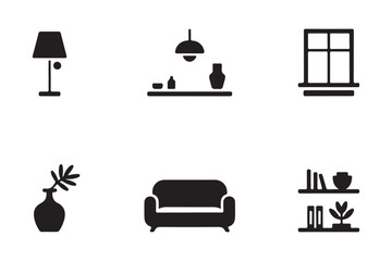 Collection of black silhouette icons for home interior design elements