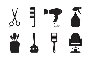 Collection of black silhouettes of hair salon tools and equipment