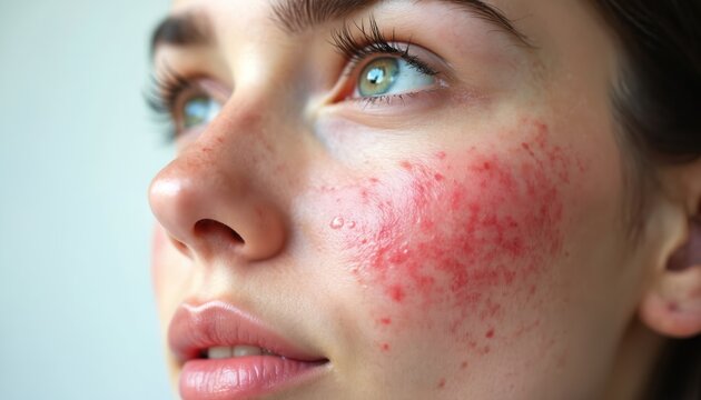 Close up female face with red irritated skin. Shows rosacea condition cheek and nose area. Pustules and inflammation visible. Focus on facial skin problems and dermatology.