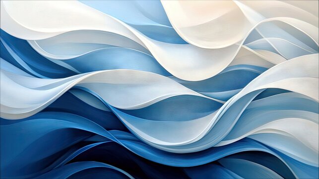 An abstract artwork featuring flowing waves in shades of blue and white, creating a sense of movement and fluidity.