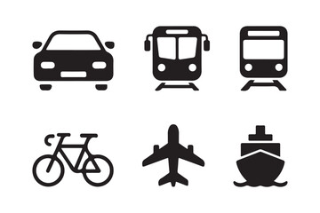 Collection of black transportation icons on white background