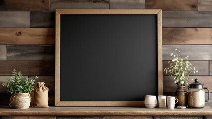 Rustic wooden shelf with blank black chalkboard mockup, coffee pot, and plants against wood wall