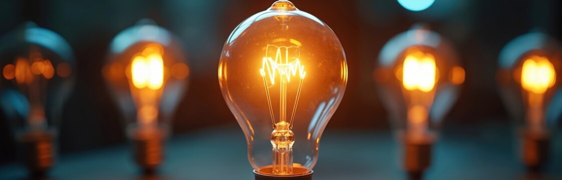 Row of lit lightbulbs bright concepts. Front bulb in focus. Bulbs illuminate idea generation. Great for business, brainstorming creativity, invention, innovation themes. Modern tech, leadership - Powered by Adobe