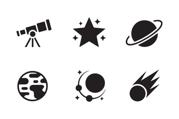 Set of six black and white space and astronomy icons
