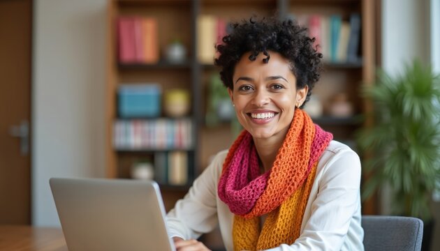Young woman with curly hair wears colorful scarf. She works on laptop at desk in bright office with bookshelves. Female smiles and looks at camera, feeling happy and productive.