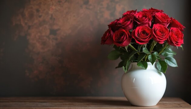 Rich fresh vibrant red roses bloom in pristine white ceramic vase. Elegant flower bouquet rests perfectly on rustic wooden table. Dark brown textured background sets moody romantic classic interior - Powered by Adobe