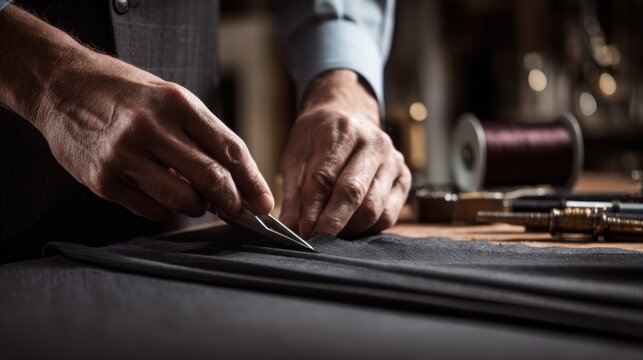 Tailor carefully hems the bottom of a pair of pants using precision tools to achieve a clean and professional finish in an inhouse garment alteration setting. - Powered by Adobe