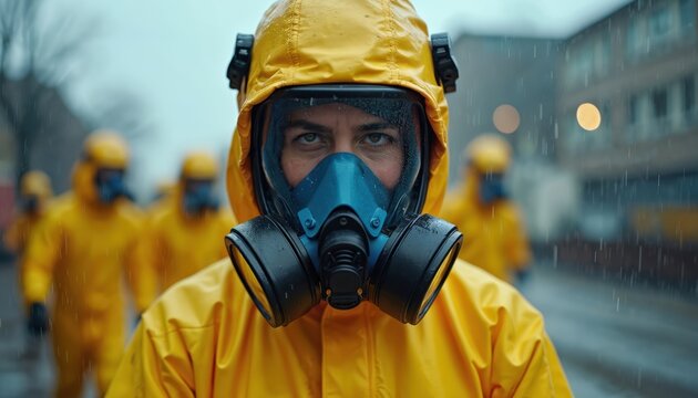 Hazardous materials response team member wears yellow protective suit, full face gas mask. Team stands ready for critical safety operation in city street during heavy rain. Serious worker faces